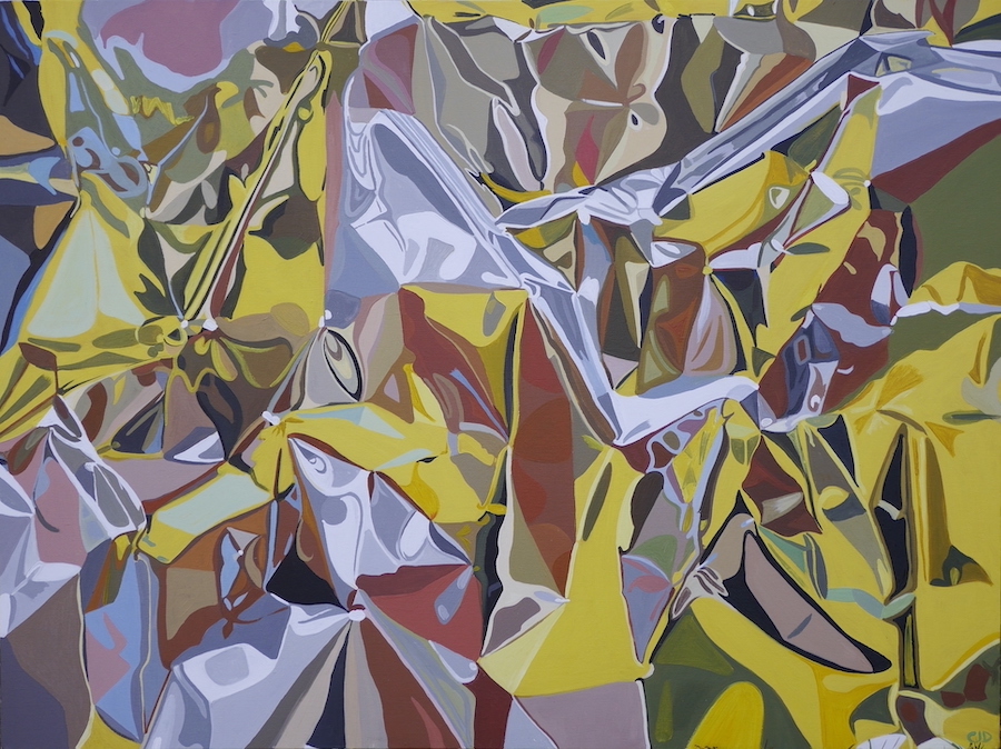 contemporary fine art oil painting of a crumpled reflective silver chrome surface in yellow by saatchiart artist Christian Dodd